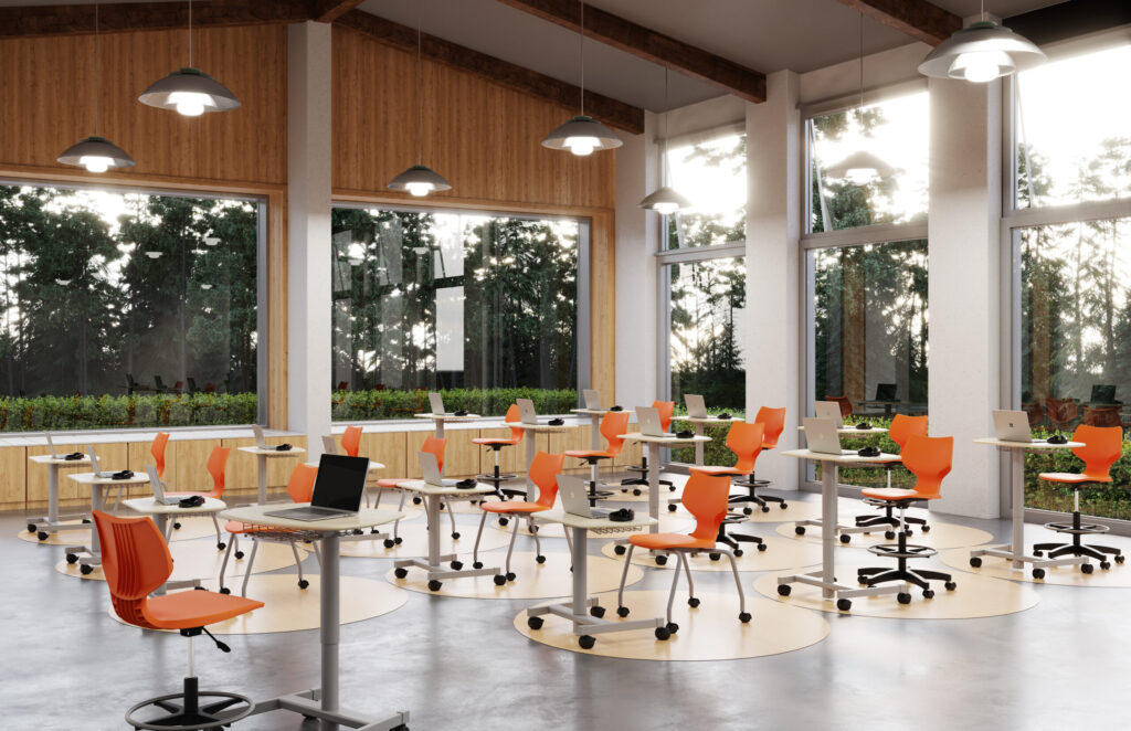 a classroom featuring sit + stand desks